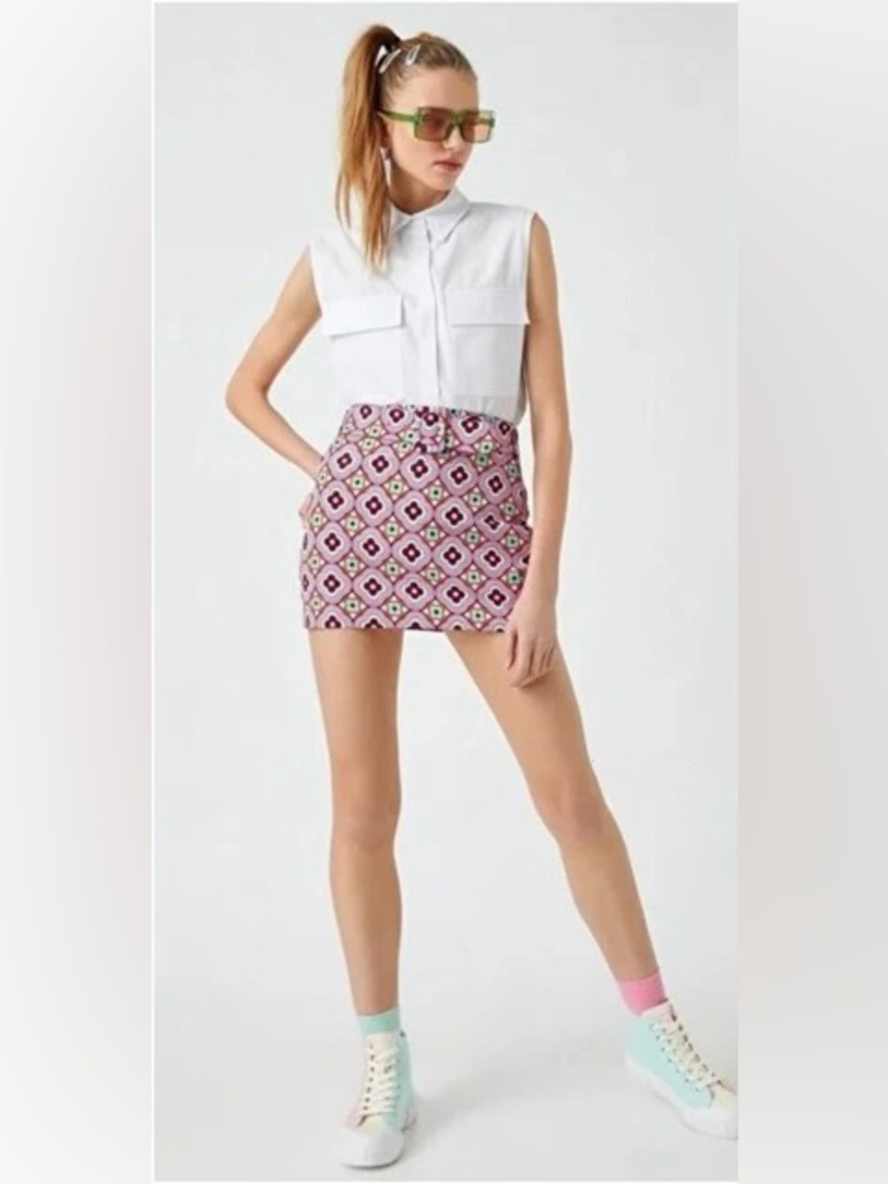 Zara Mini Skirt with Matching Belt Geometric Floral Print Size M